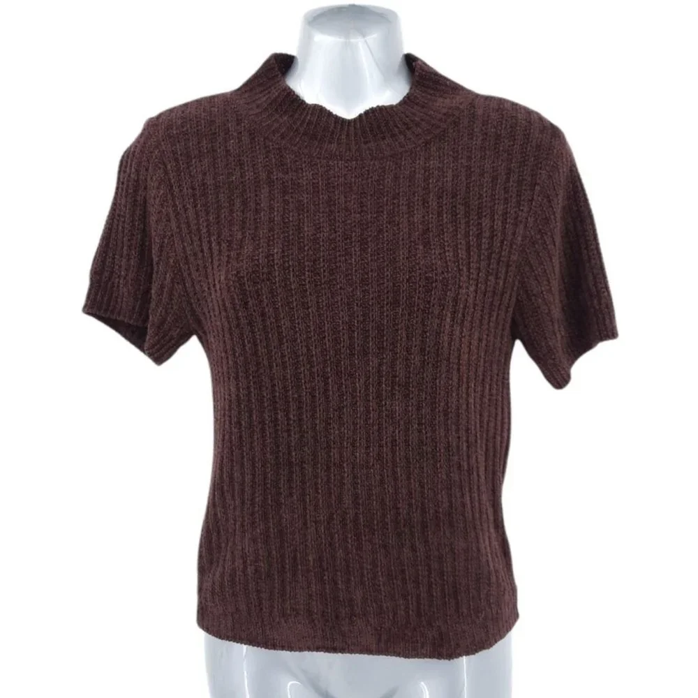 VTG 90s 1996 Kathy Ireland Brown Ribbed Chenille Fitted Short Sleeve Sweater S